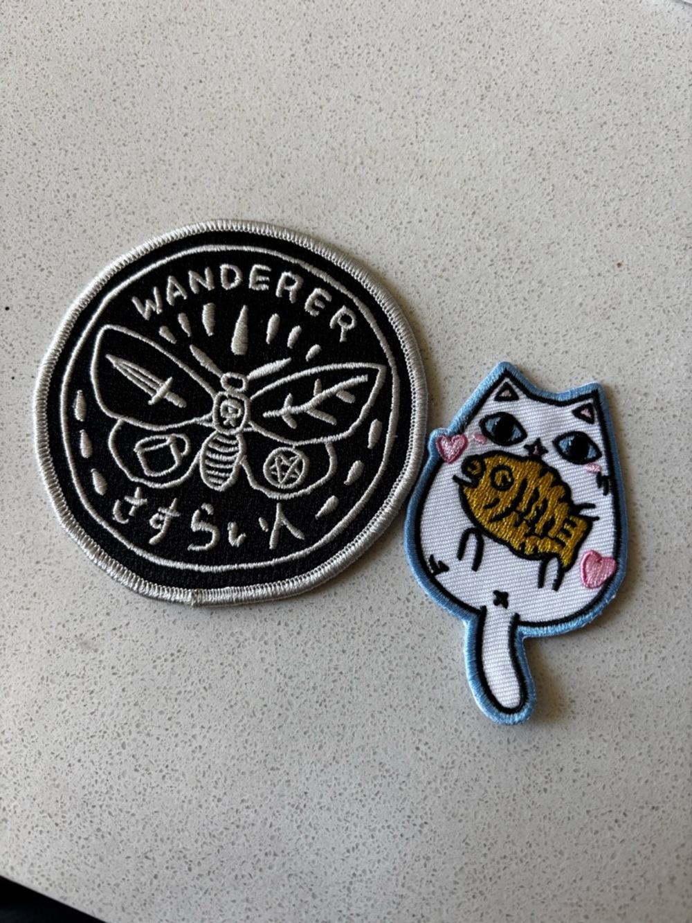 Japan Rags Black & White Wanderer Patch and White Cat Patch with Blue Trim